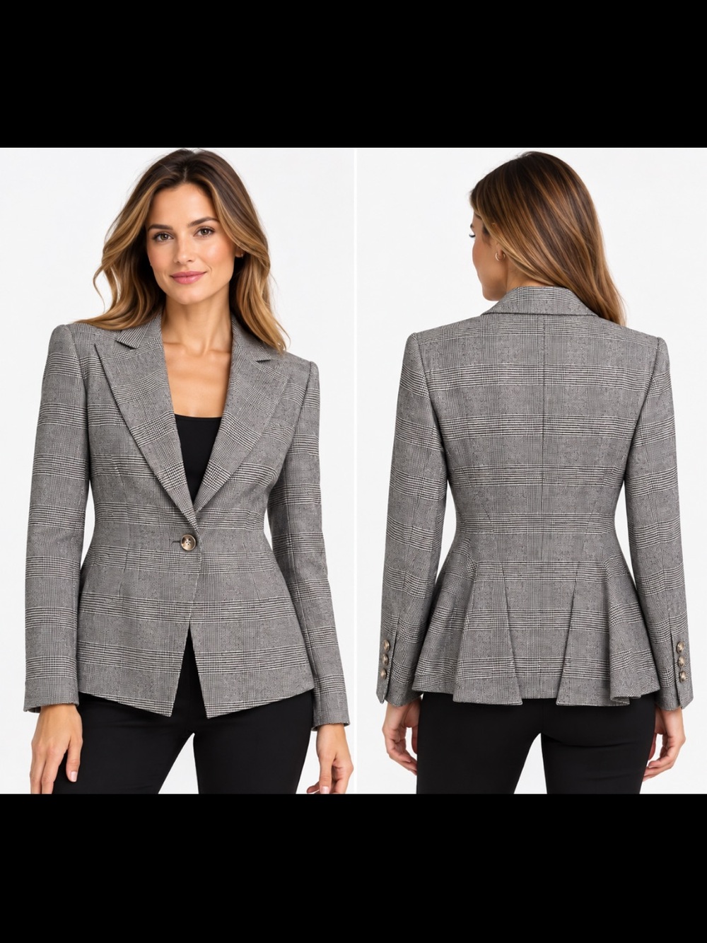 Escada Black/White Glen Plaid Blazer Cashmere/Virgin Wool Pleated Back